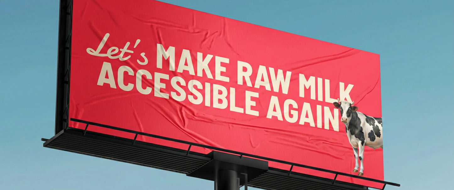 Billboard with text 'Let's Make Raw Milk Accessible Again' and a cow illustration on a red background.