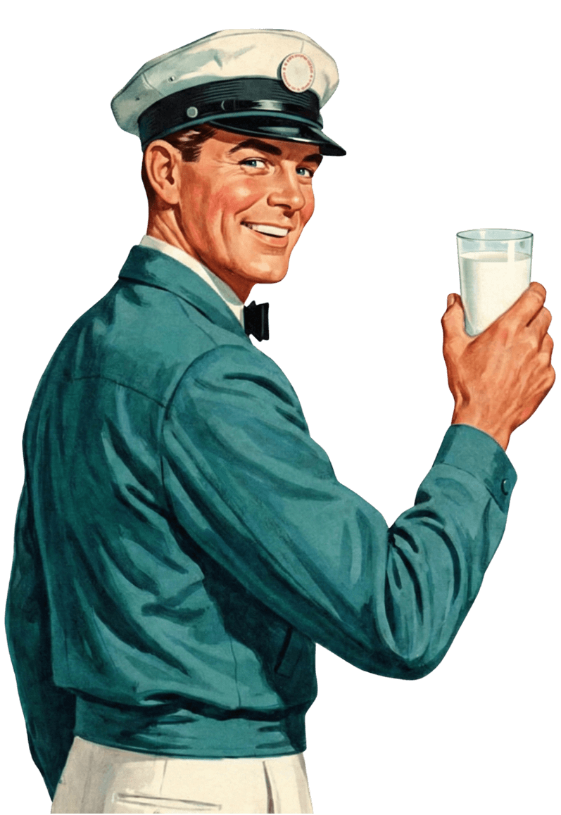 Man in a uniform holding a glass of milk against a black background