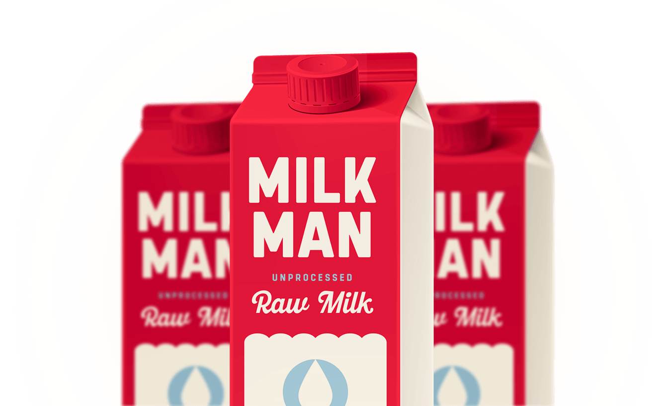 Three red and white milk cartons labeled 'Milk Man' on a white background.