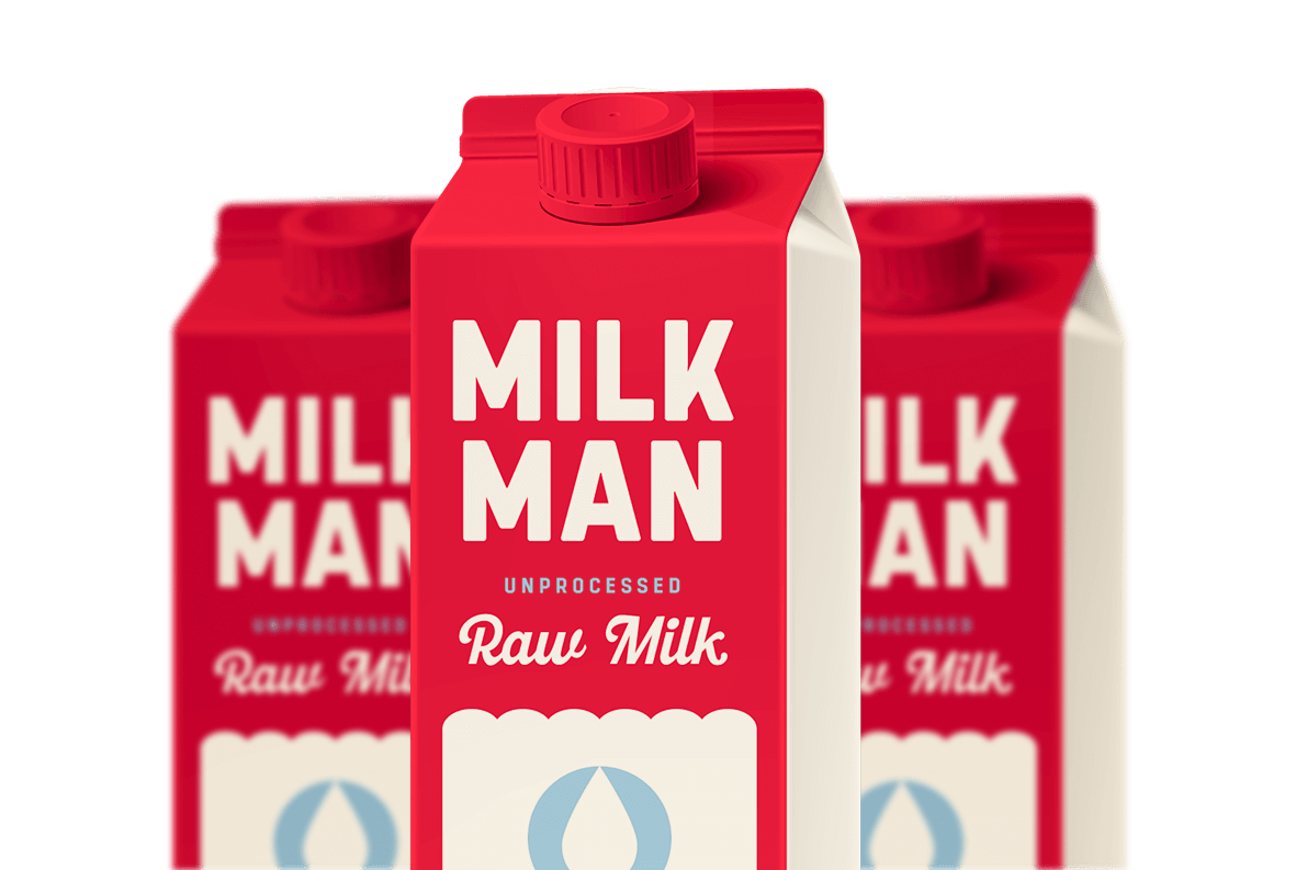 Three red 'Milk Man' raw milk cartons on a white background